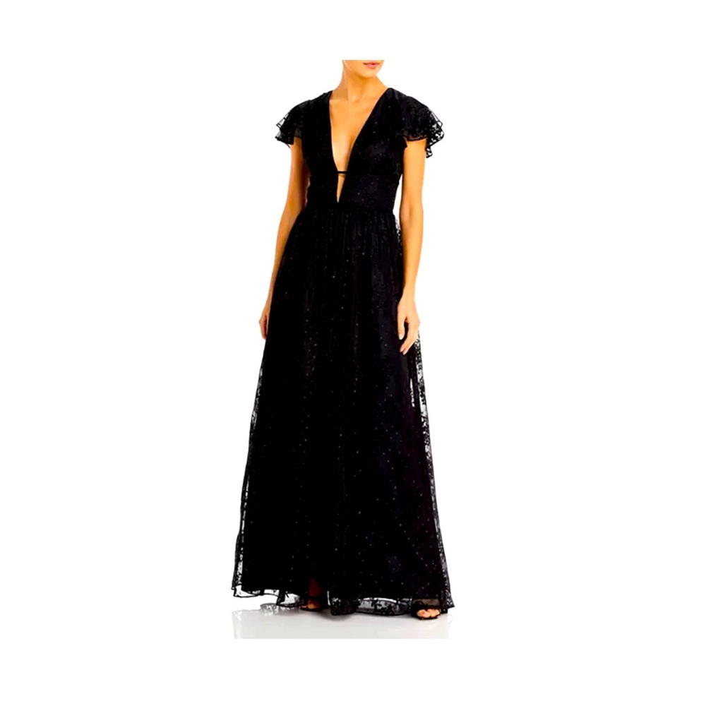Aidan Mattox Black Plunge Neck Flutter Sleeve Gown
